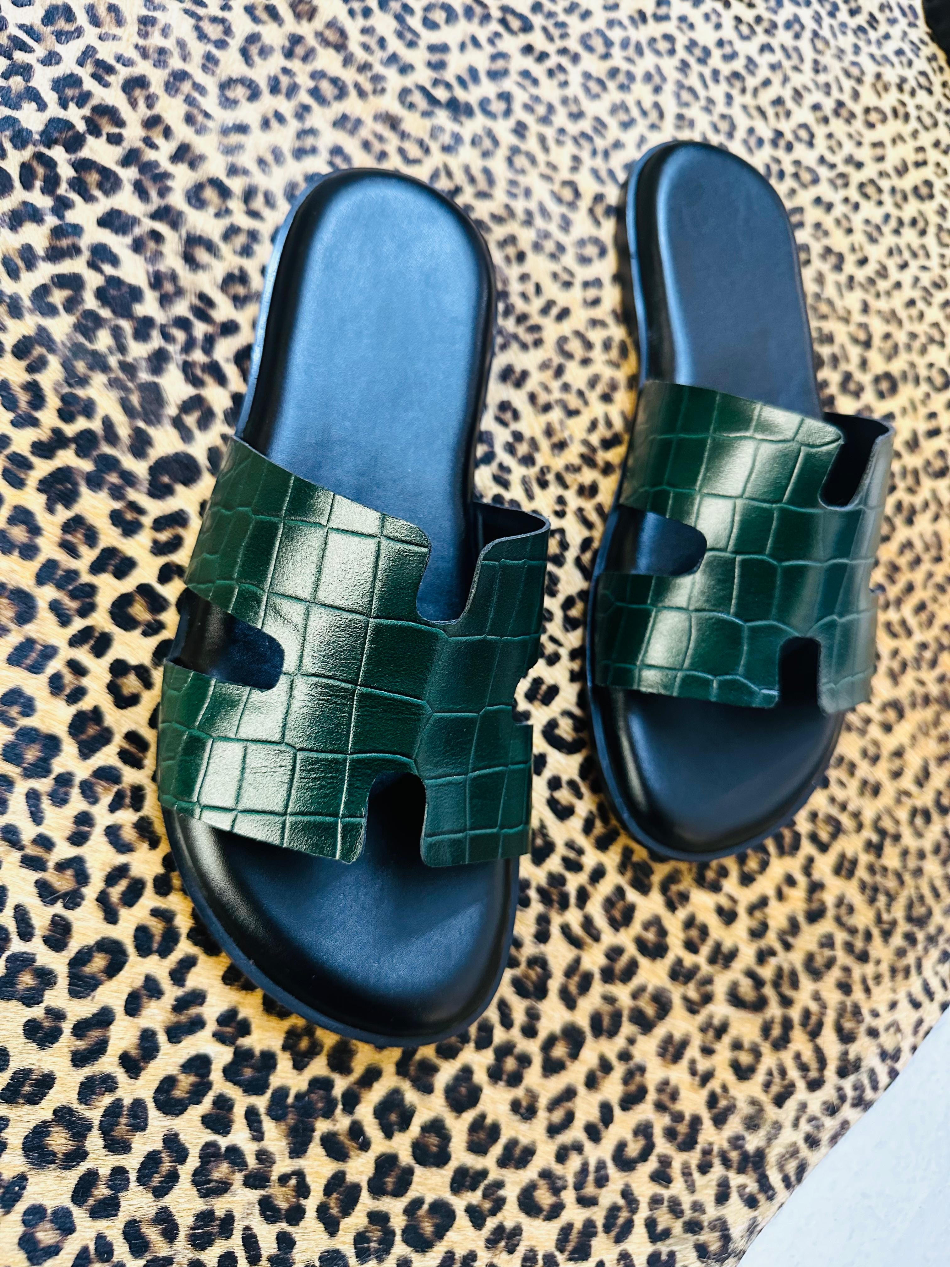 YQ LEATHER CUSTOMISE GREEN CROCO COMFORTO SLIPPERS