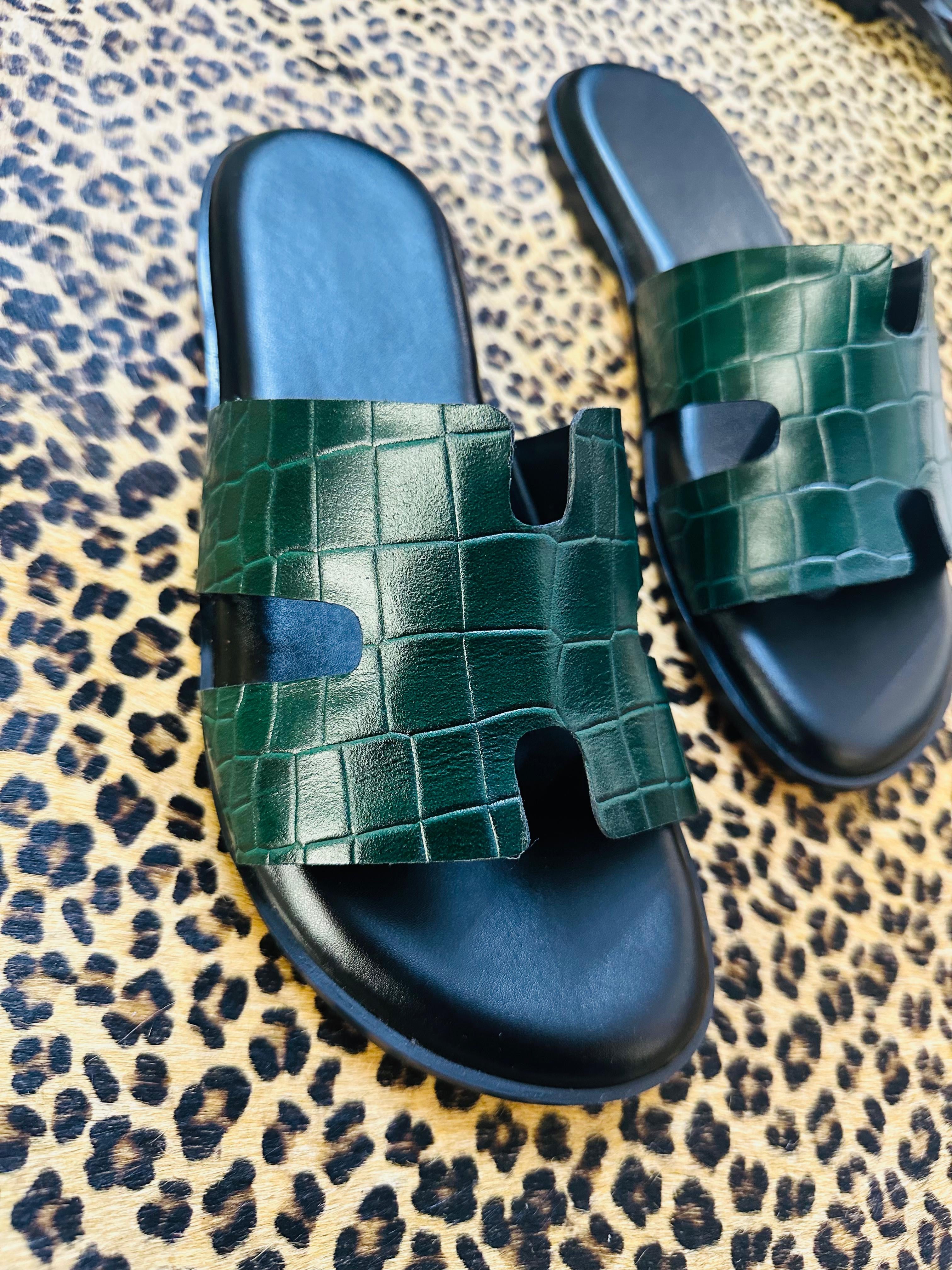 YQ LEATHER CUSTOMISE GREEN CROCO COMFORTO SLIPPERS